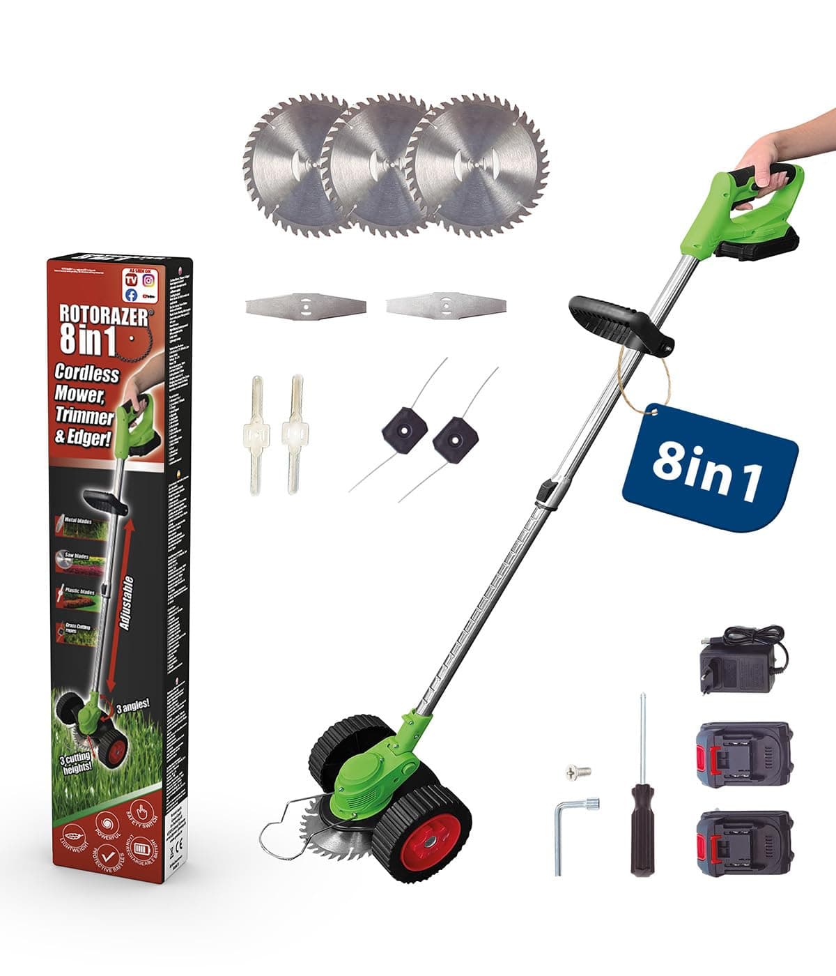 Genius Rotorazer 8 in1 Gartengerät Set 23-TLG. Akku Rasentrimmer Rasenkantenschneider Freischneider mit 2 Akku, Einstellbarer Schnitttiefe, 7 Messerscharfe Klinen, ausziehbare Teleskopstange, Garten Angebot bei HelloDeals