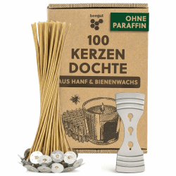 beegut 100 nachhaltige Kerzendochte für Kerzen (10 cm) aus Hanf & natürlichem Bienenwachs, ohne Paraffin, rußfrei, im praktischen Kerzendocht Set mit Docht Halter – ideal zum Kerzen Selber Machen Angebot bei HelloDeals