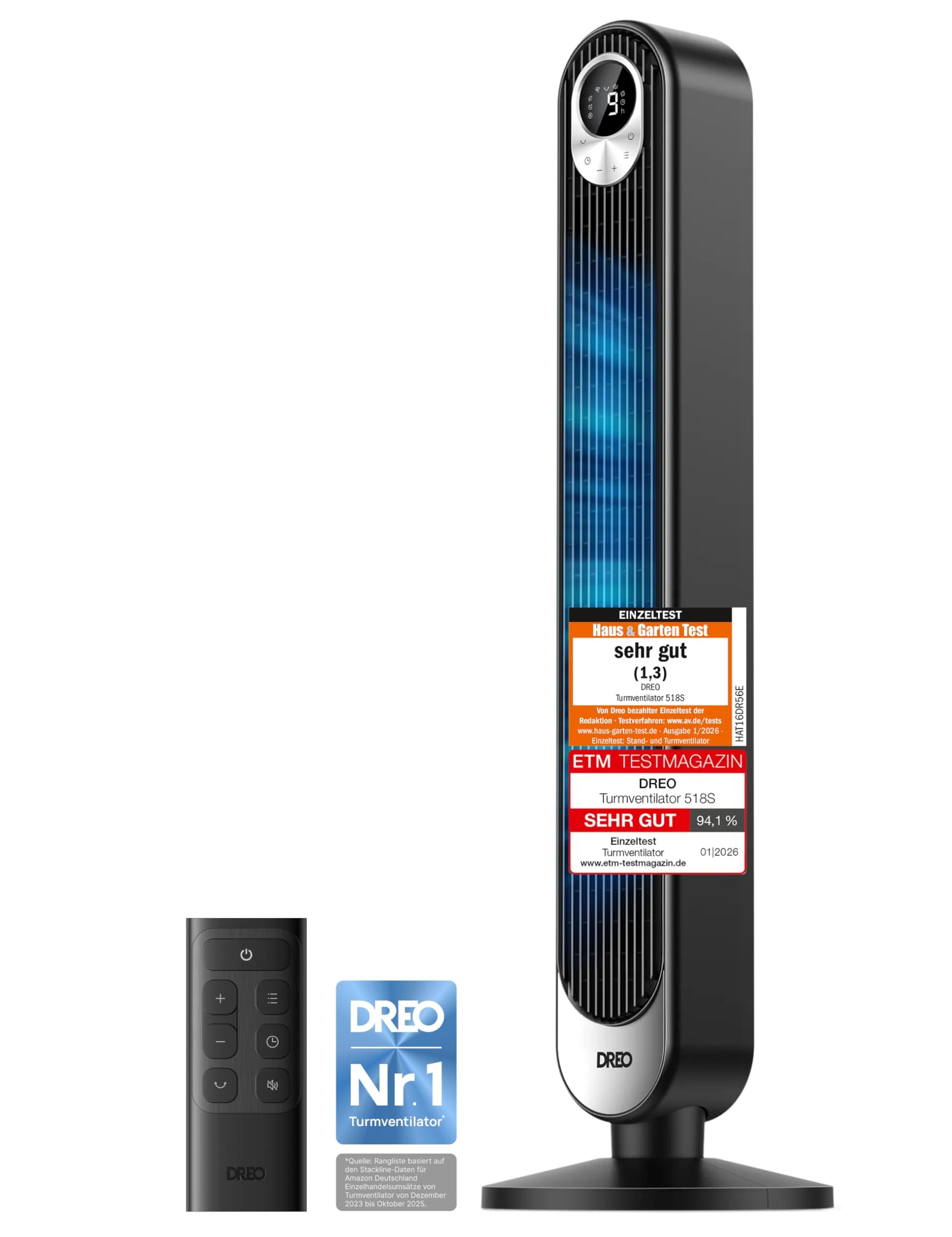 DREO DC Motor Turmventilator Leiser, 11M Windentfernung Ventilator mit Kühlung Fernbedienung, 9 Stufen 4 Modi, 90° Oszillierender Stand Ventilatoren für Schlafzimmer, Tower Fan mit 12H Timer Standard Angebot bei HelloDeals