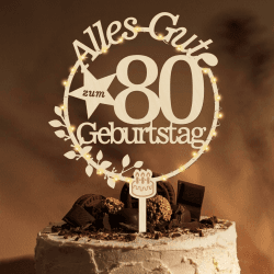 Giftota Holz Cake Topper mit LED Lichterkette - 80. Geburtstag Deko - Tortendeko für Frauen & Männer Angebot bei HelloDeals