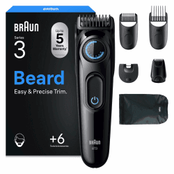 Braun Barttrimmer Series 3, Elektrischer Bartschneider Herren, 6 Zubehörteile, Ultrascharfe Klinge, 50 Min Akkulaufzeit, Kabelloser Bartrasierer, 40 Längen, BT3565, Schwarz/Blau + 6 Aufsätze Angebot bei HelloDeals