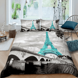 Eiffelturm Bettwäsche Set 135x200cm Mädchen Chic Teal Paris Thema Bettbezug Set Für Kinder Teenager Frauen Dekor Paris Stadtbild Bedruckte Betten Set Mikrofaser Moderner französischer Stil Angebot bei HelloDeals