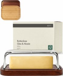KIVY Butterdose Glas mit luftdichtem Deckel für streichzarte Butter - BPA Frei - Butterdosen - Butter dish - Butterschale mit Deckel - Butterdose mit Deckel - Butter Box Dose - Butterbox Akazie Holz Angebot bei HelloDeals
