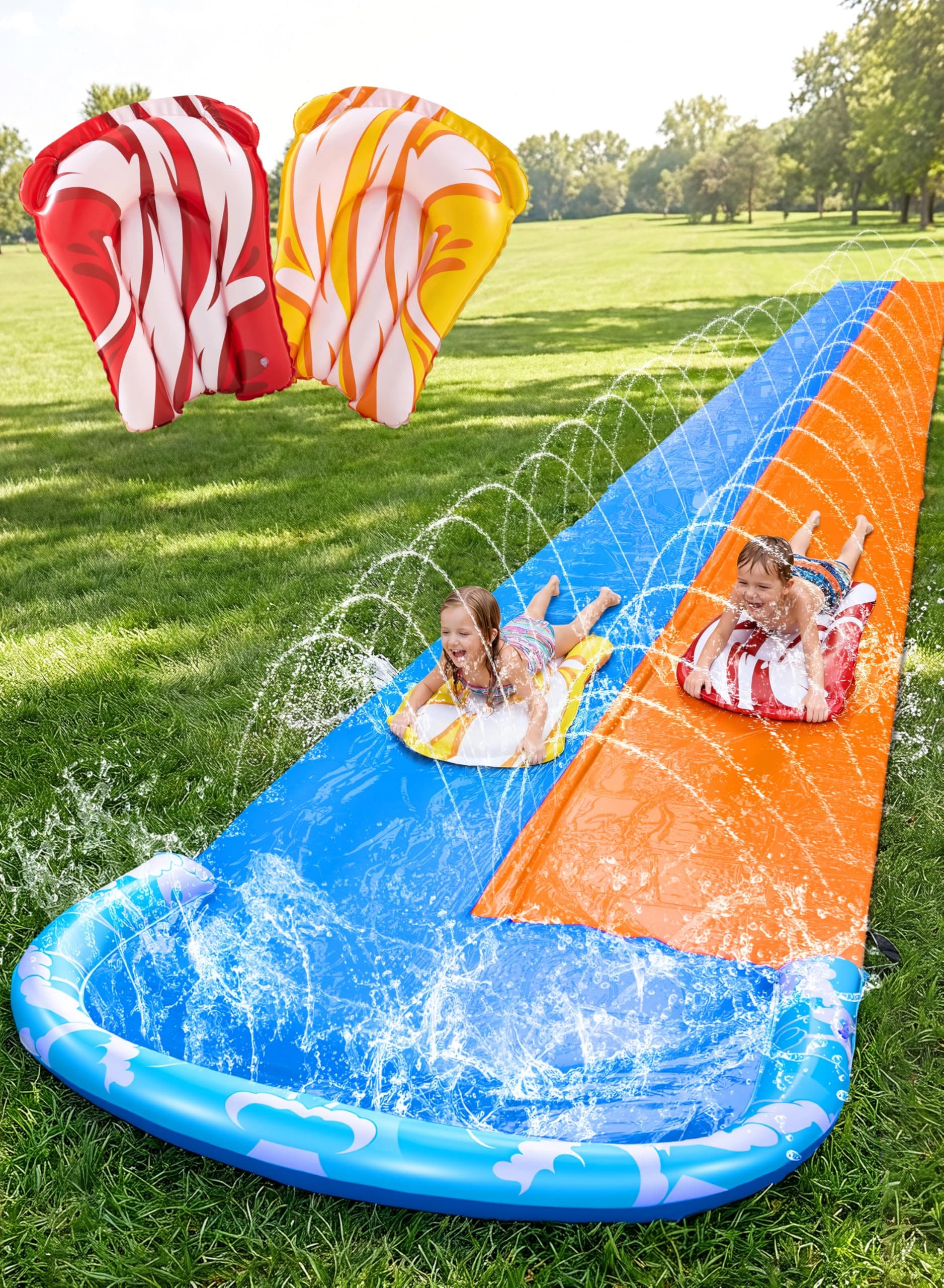 JOYIN 685 cm Rutsche und Wasserrutsche mit 2 Bodyboards, Rasen-Wasserrutsche mit eingebautem Sprinkler für Sommer-Wasserspaß im Garten für Kinder und Erwachsene 685cm Doppelspur Angebot bei HelloDeals