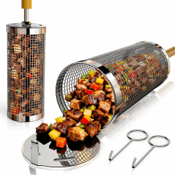 Rollendes Grillkorb Set Edelstahl 304Nestbar Grillzubehör mit Abnehmbarer Holzgriff, Perfektes Männer Geschenk für Vater Mutter Freund, Outdoor Küche Zubehör Grill Gemüse Meeresfrüchte Garten Camping Angebot bei HelloDeals