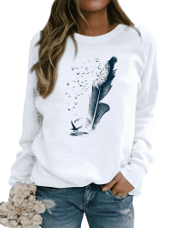 Dresswel Pullover Damen Feder Drucken Sweatshirt Langarmshirt Rundhals Langarm Shirts Herbst Winter Pulli Tops Oberteile Bluse L 1-weiß Angebot bei HelloDeals