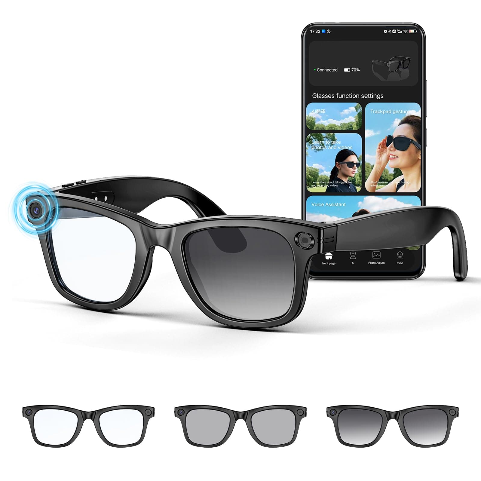Mingtawn AI Smart Glasses 4K HD-Kamera, 270 mAh, 800 W Anti-Verwacklungs-Kamera-Brille mit Videoaufzeichnung, Dual-Mikrofon, Simultanübersetzung/GPT-Objektidentifizierung (Photochrome Gläser) groß Schwarz Angebot bei HelloDeals