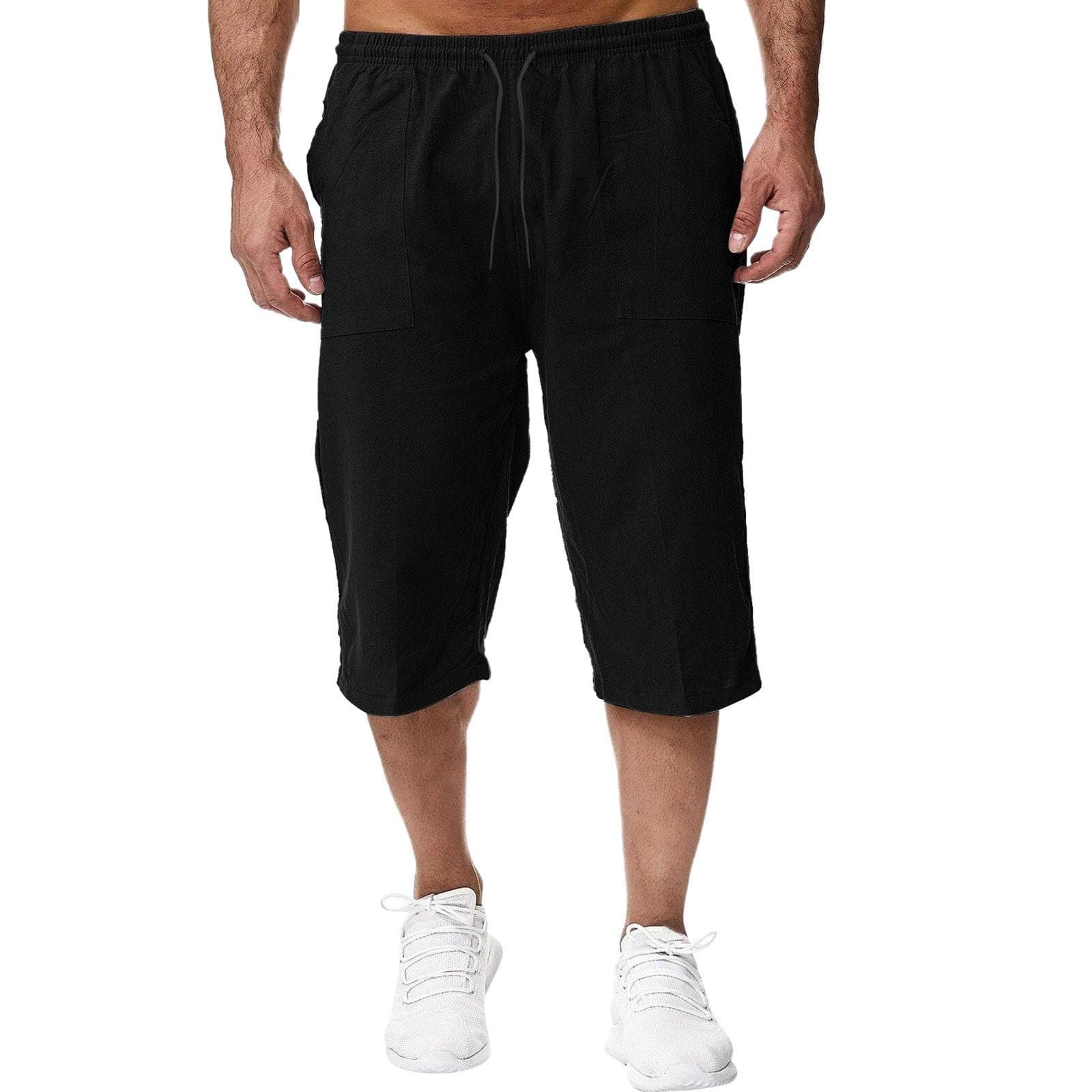 Sommer Shorts Herren - 3/4 Leinenhose Herren Casual Bermuda Shorts Mit Taschen Sommerhose Leichte Dreiviertel Hose Cargohose Herrenshorts Strand Yoga Jogger Casual Sweatpants Arbeitshose Kurze Hosen Schwarz XL Angebot bei HelloDeals