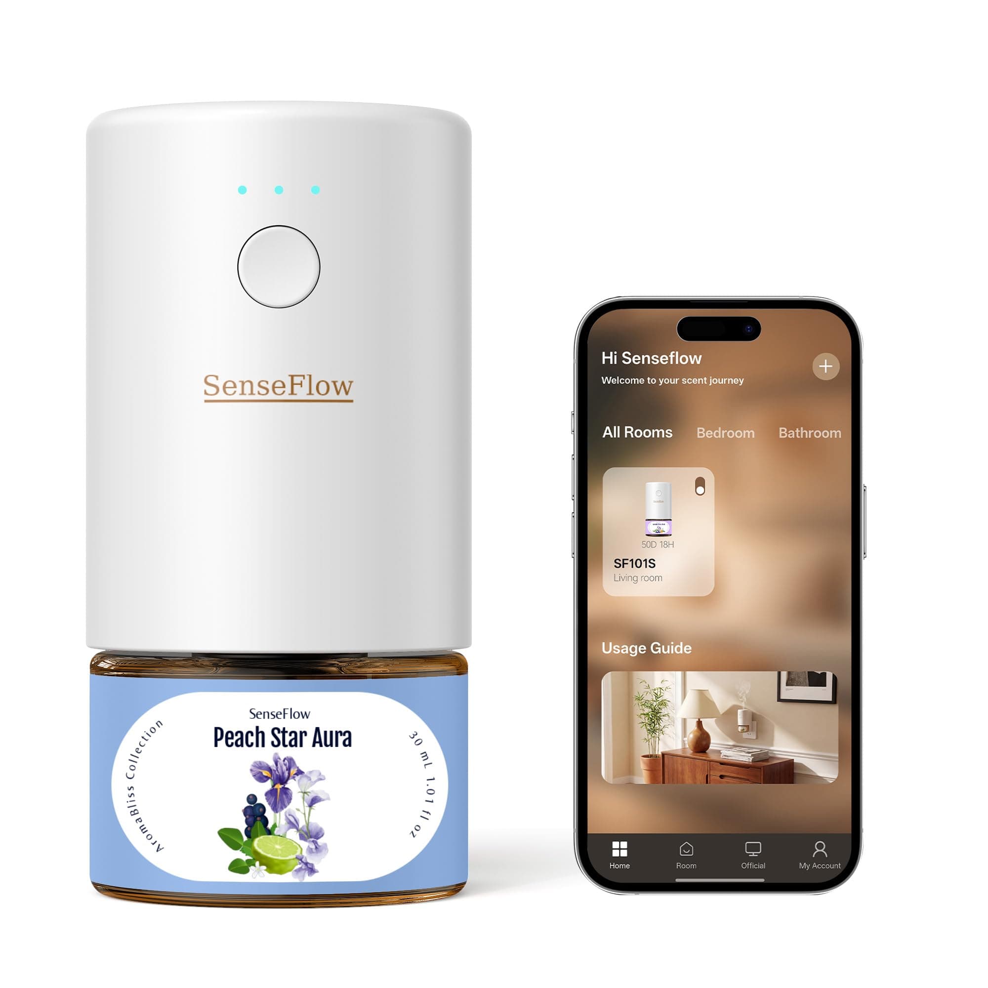 Aroma Diffuser für Ätherische Öle WiFi SF101S Pro, Wasserloser Ultraschall Duftstecker Raumduft, 100% pflanzlich Lufterfrischer, 120 Tage Aroma für Zuhause bis zu 100m² - Pfirsich-Stern-Aura Kornblume 30 ml (1er Pack) Angebot bei HelloDeals