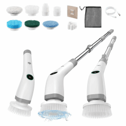 Elektrische Reinigungsbürste Bad, 7 in 1 Electric Cleaning Brush mit austauschbaren Bohrbürstenköpfen Led Anzeige lektrische Putzbürste mit Verstellbarem Griff für Boden Küche Auto Fliesen-IPX7 Weiß Angebot bei HelloDeals