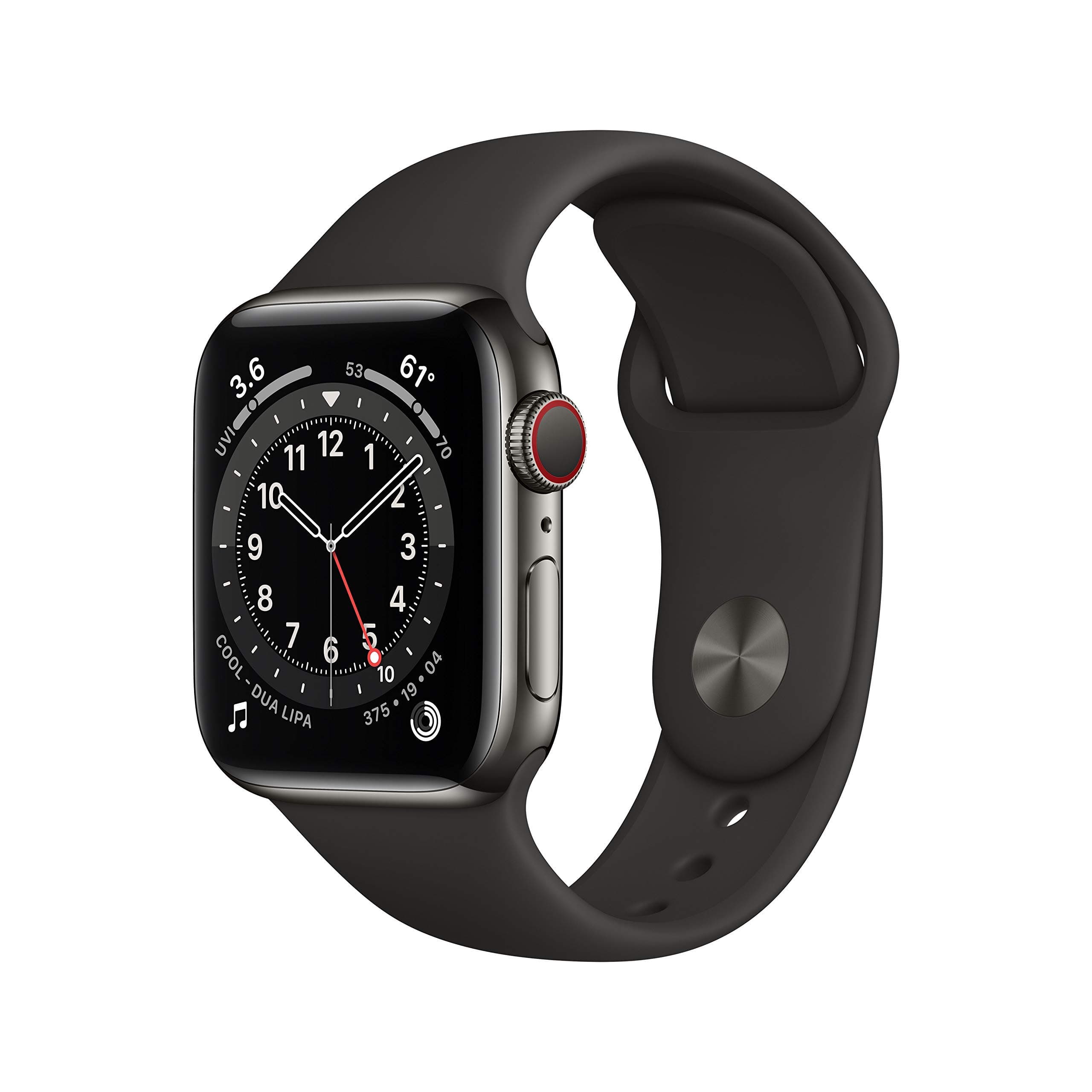 Apple Watch Series 6 (GPS + Zellular, 40MM) Edelstahlgehäuse Graphit mit Schwarz Sportarmband (Generalüberholt) Angebot bei HelloDeals