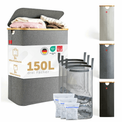 Blumtal Wäschekorb 3 Fächer 150L mit 3 herausnehmbarem Wäschesäcken - Wäschekorb grau - Wäschesammler 3 Fächer - Pfandflaschen Sammelbehälter - laundry basket mit Deckel - Wäschebox Grau 150L Angebot bei HelloDeals