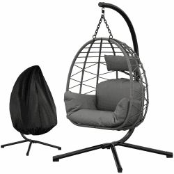 Hängesessel Mit Gestell Outdoor Bis 150 kg, Rattan Hängesessel Mit Metallgestell, Wetterfest PE-Rattan Hängesitz Mit Polster & Schutzabdeckung, Ideal Für Garten, Terrasse, Balkon, Wohnzimmer – Grau Angebot bei HelloDeals