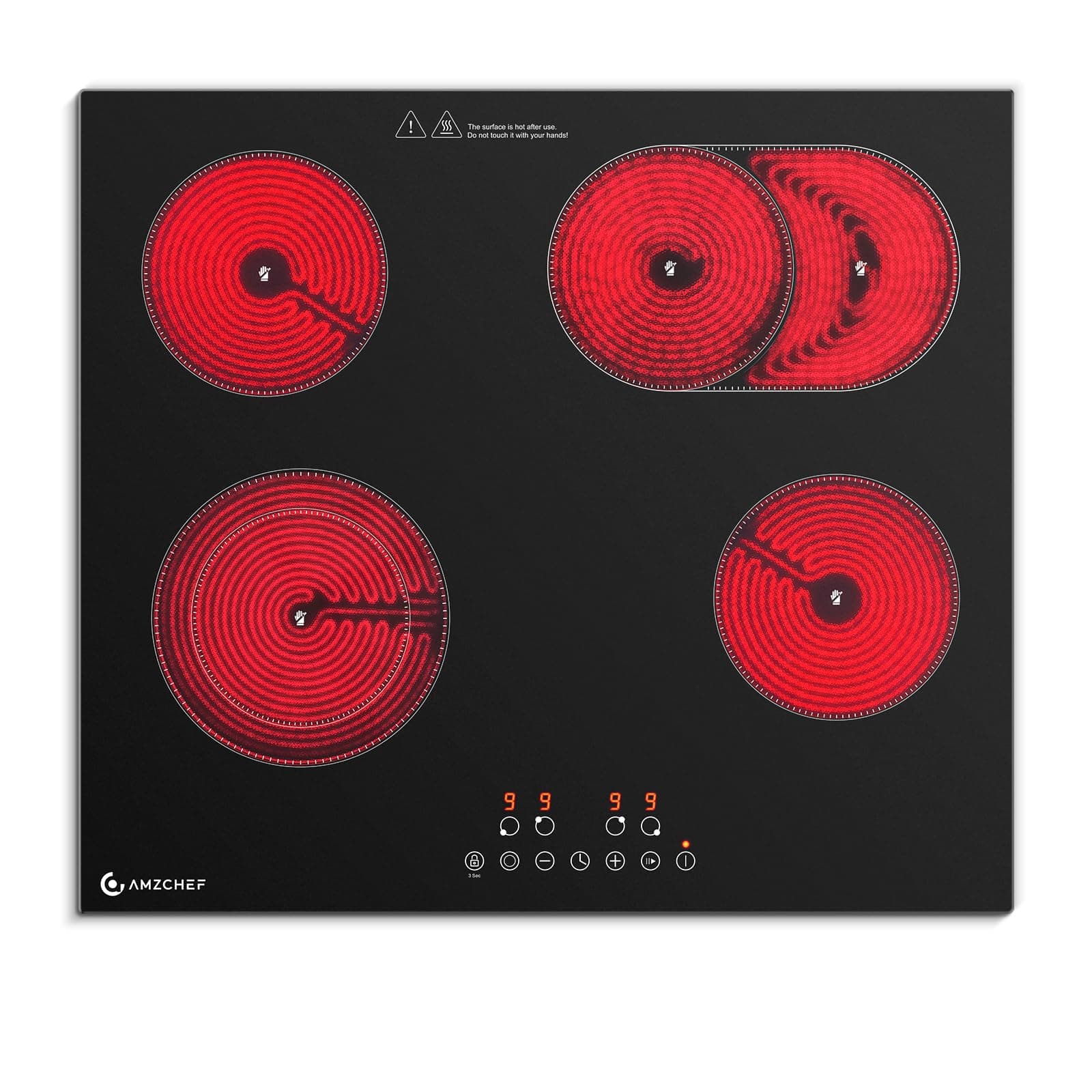 AMZCHEF Glaskeramikkochfeld 4 Platten 7200W, Herdplatte 4 Kochfelder 60 cm, 9 Leistungsstufen, Dual-/Ovalzonen für Grillen, Heizpause-Funktion, Kompatibel mit allem Kochgeschirr Angebot bei HelloDeals