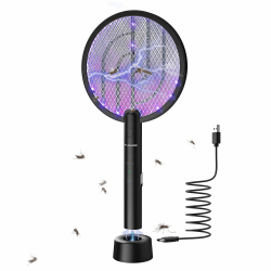 PALONE Elektrische Fliegenklatsche, 4000V Wiederaufladbar Insektenvernichter UV Elektrischer Mückenklatsche USB Fliegenfänger Insektenfalle mit Basis - Schwarz 1er-Pack Angebot bei HelloDeals