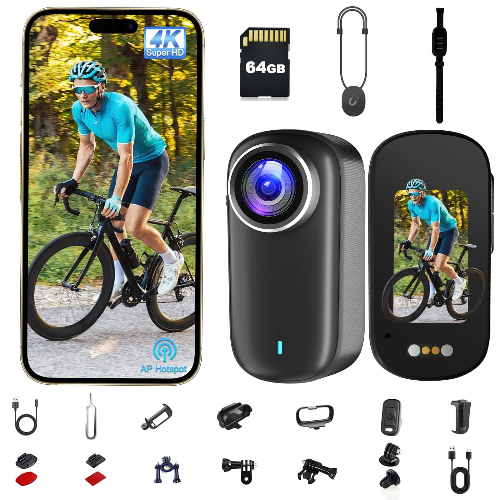Action Cam, Bodycam 4K mit 64GB Karte, Actionkameras WiFi mit Display, 1200-mAh-Akku Mini Cameras, Magnetisch & Clip Actioncam Wasserdicht IP65 für Helmkamera Motorrad, Loop-Funktion Dashcam Fahrrad Schwarz Angebot bei HelloDeals