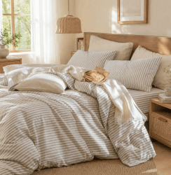 Lanqinglv Bettwäsche 200x200 Baumwolle Gestreift Beige Weiß,100% Renforce Baumwolle Bettwäsche Set mit Reißverschluss,ÖKO-TEX Bettwäsche für Allergiker Geeignet,1 Bettbezug & 2 Kissenbezug 80x80 cm Gestreift Beige 3tlg.200x200cm+80x80cm*2 Angebot bei HelloDeals