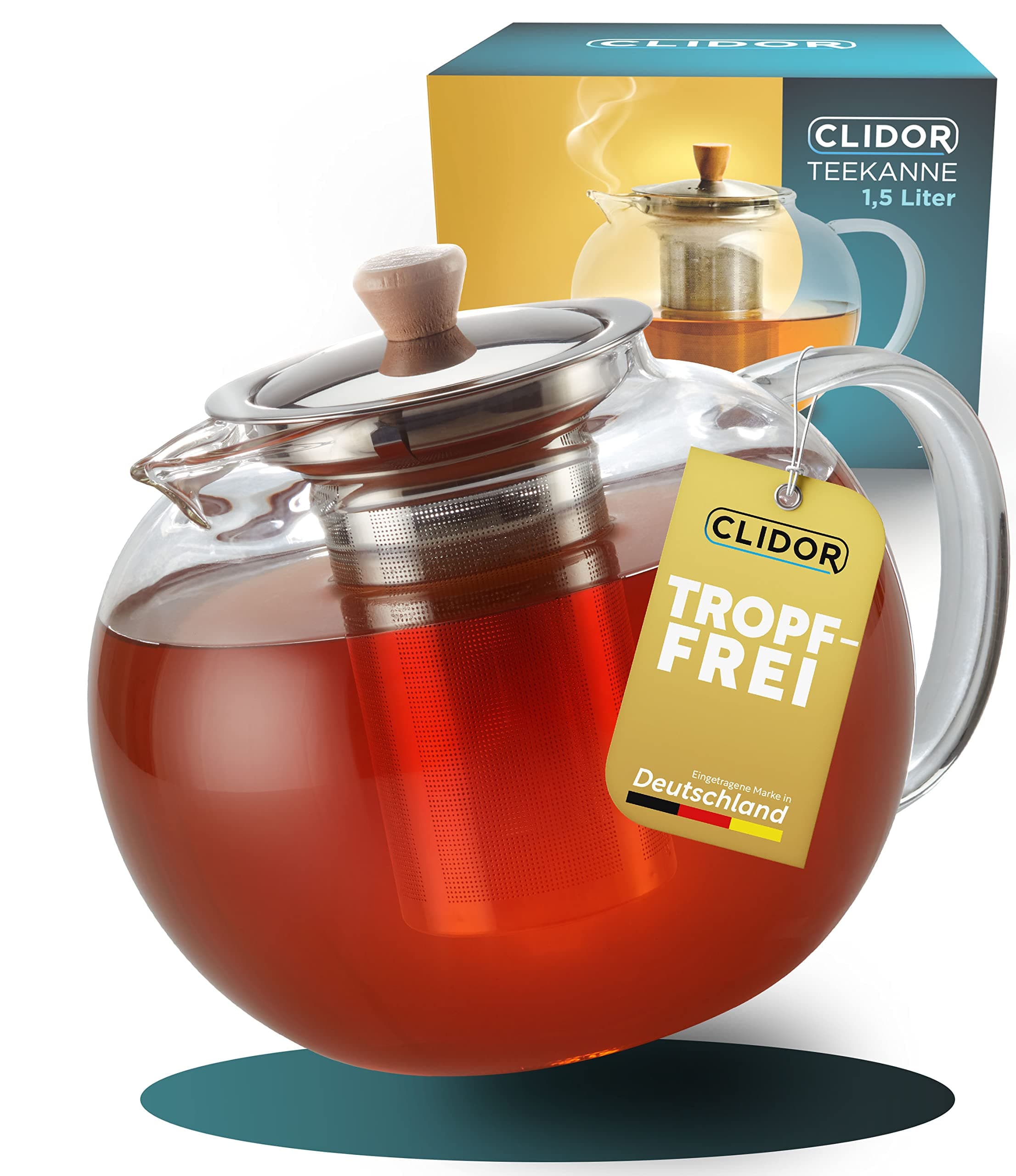 CLIDOR Teekanne mit Siebeinsatz - 1,5 Liter, verstärkte Glasstärke für bessere Isolierung, Teekanne mit Stövchen nutzbar, Glasteekanne, Thermo Teezubereiter, robuster Teapot, Teebereiter (1500ml) Angebot bei HelloDeals