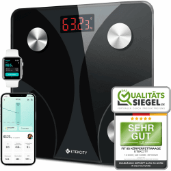 Etekcity Waage Personen - Personenwaage digital mit Körperfett und Muskelmasse - 180kg Körperfettwaage - Fitness Scale - 13 Körperwerte - Körperfett/BMI/Muskelmasse/Protein/BMR - Schwarz Schwarz 26 x 26 cm Angebot bei HelloDeals