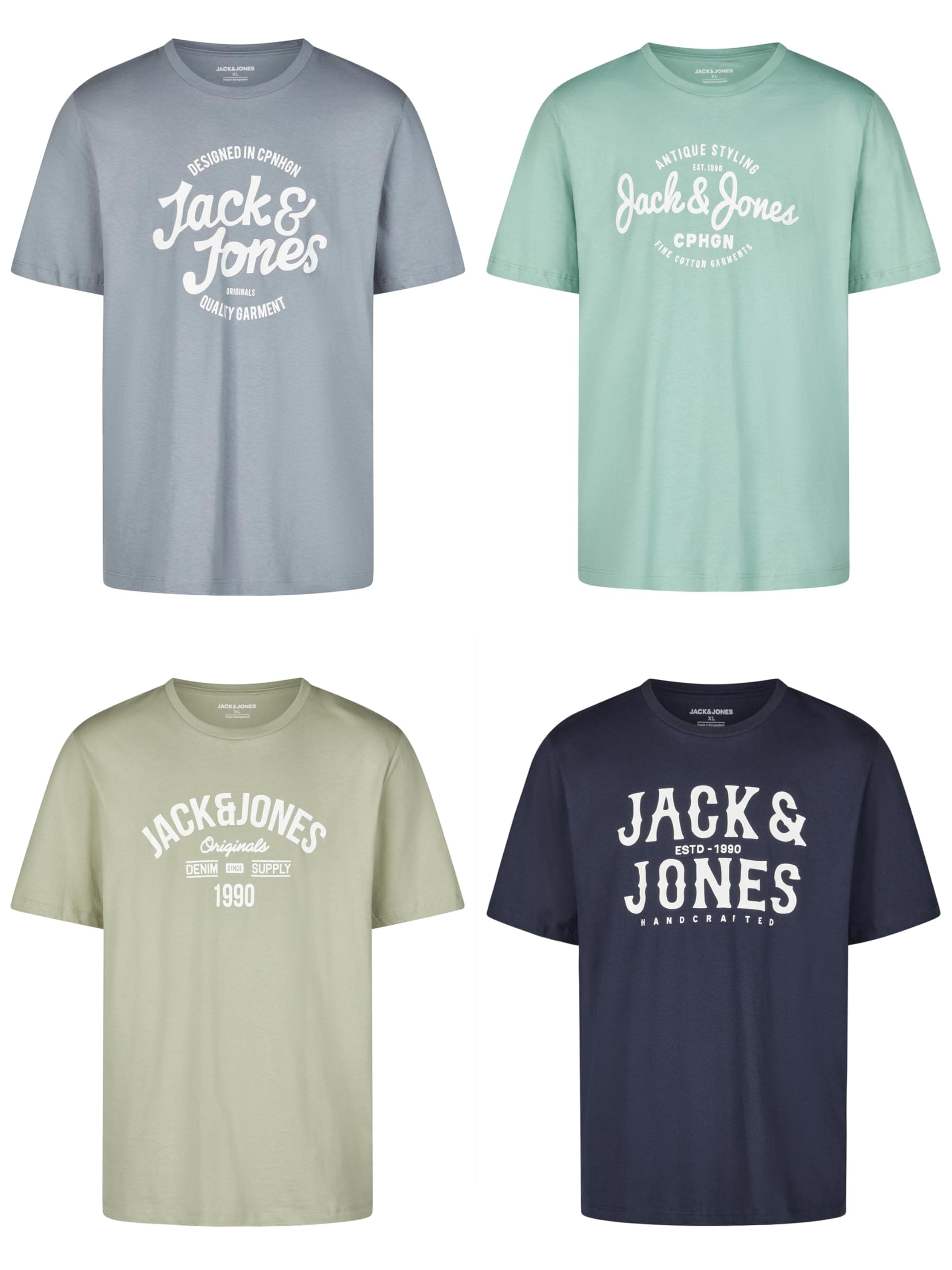 JACK & JONES Tshirt Herren Regular Fit JJLINO 4er Pack Set Pack Rundhals Kurzarm Sommer Tee Shirt Print Schwarz Weiß Grün Rot Blau Grau S M L XL XXL 3XL 3XL Pack 1 Angebot bei HelloDeals