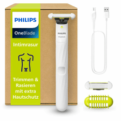 Philips OneBlade Intimate, Intimrasur, Trimmen & Rasieren mit extra Hautschutz, Für eine gründliche und angenehme Rasur – ohne komplett glatt zu rasieren, Modell QP1924/30 OB Intim + 2x Intimklingen Angebot bei HelloDeals