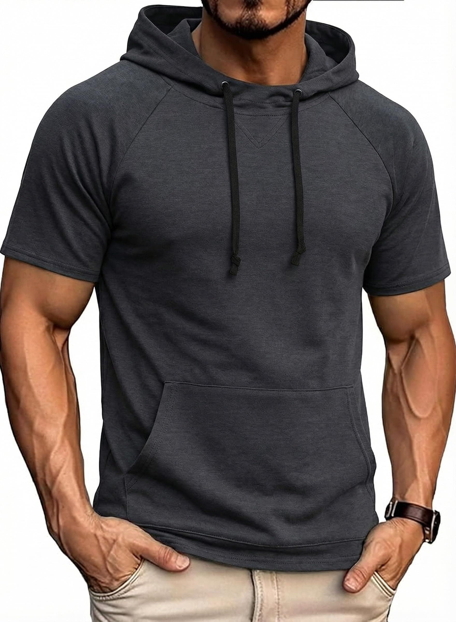 COOFANDY Herren Kapuzenshirt Kurzarm Freizeit Oversized Hoodie Gym Muskelshirt Sommer Basic Tops mit Kapuze Dunkel Grau M Angebot bei HelloDeals