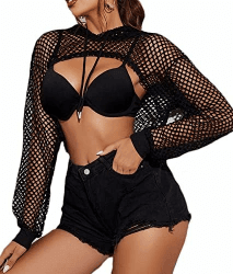 Avidlove Damen Fischnetz Top Langarm Hoodie Mesh Oberteil Festival Outfit Crop Sexy Shirt Neon Netzoberteil mit Kapuze Kordelzug Halloween Vorne Kurz und Hinten Lang M Schwarz Angebot bei HelloDeals