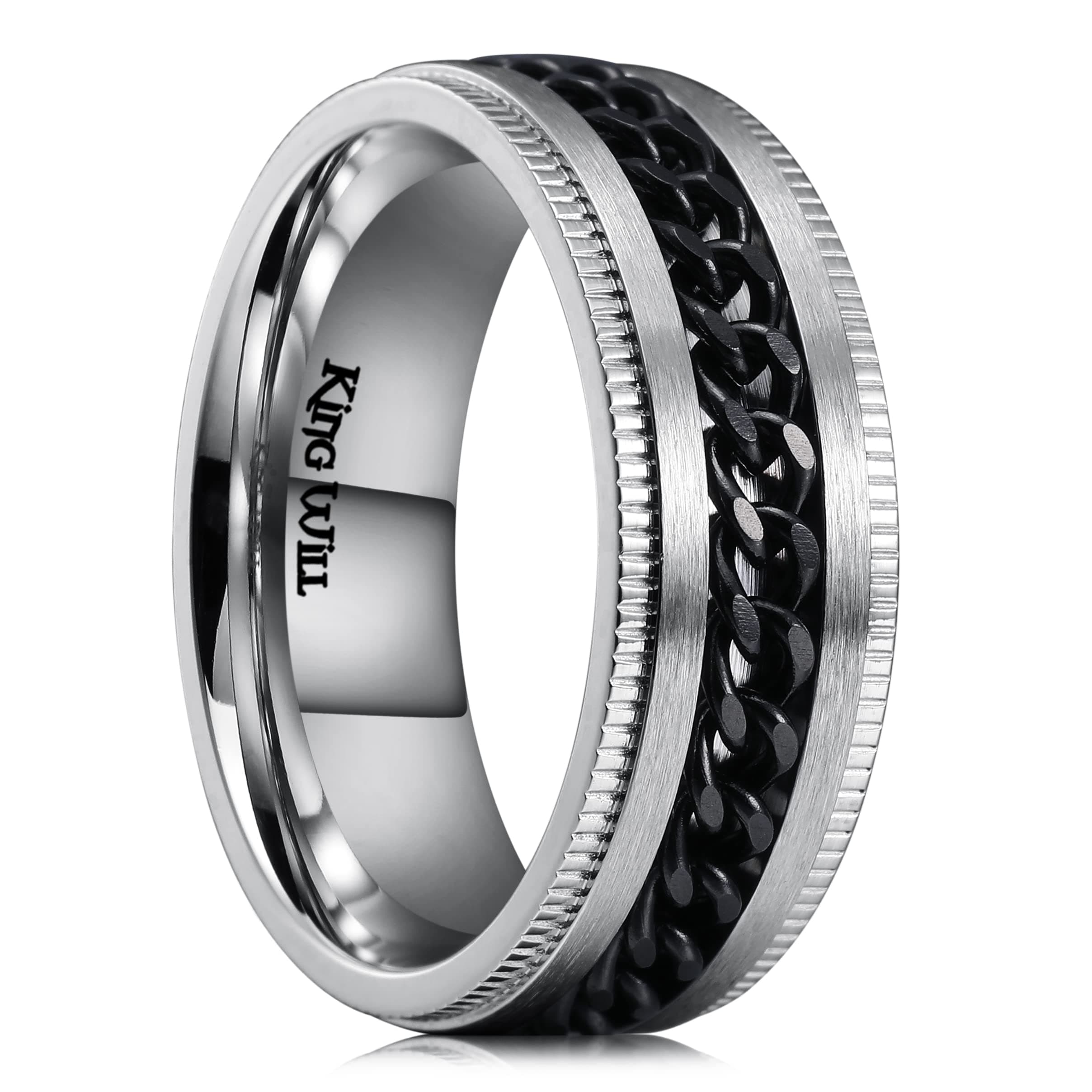 King Will Intertwine 8 mm Spinnerring für Männer, Edelstahlring für Männer, Zappelring, Angstring mit schwarzem Kettenring, Größe 54–70 (17–22) 62.2 (19.8) gezackte Kante V2 Silber - Schwarze Kette Angebot bei HelloDeals
