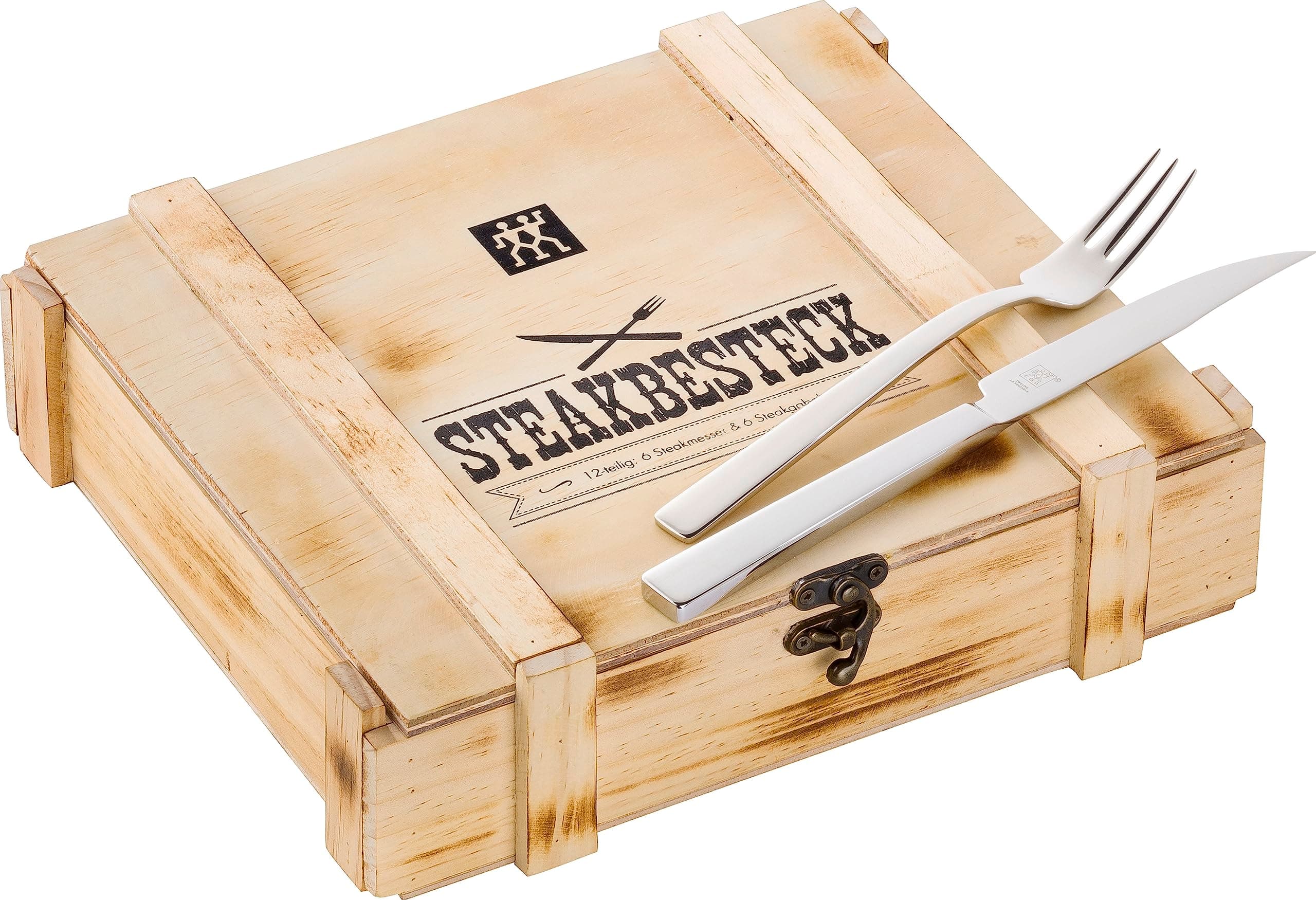 ZWILLING Steakbesteck Set 12-teilig, Für 6 Personen, in Holzbox, Spülmaschinengeeignet, 18/10 Edelstahl, Poliert, Silber Angebot bei HelloDeals