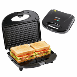 Nirva Doppel Sandwichmaker - 750 W Sandwichtoaster, Antihaftbeschichtung, klassische Streifenform für 2 Sandwiches, schnell aufheizend, wärmeisolierter Griff, Schwarz Angebot bei HelloDeals