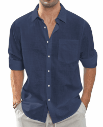 J.VER Leinenhemd Herren Langarm Leichtes Sommerhemd Einfarbig Business Freizeithemd Party Club Reisen Alltägliche Leinen Shirt mit Taschen L Marineblau Angebot bei HelloDeals