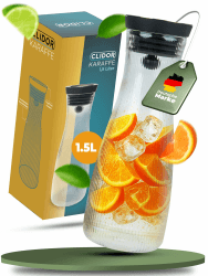 CLIDOR Wasserkaraffe mit Deckel - 1,5L, edles Klarglas Design, Tropffreie Glaskaraffe mit Deckel, Eleganter Wasserkrug mit feiner Filterung, Ideal für Fruchtwasser, Säfte, Infused Water (1500ml) Crystal Clear 1500ml Angebot bei HelloDeals