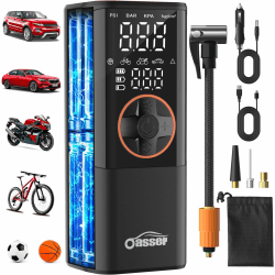 Oasser Elektrische Luftpumpe mit Dualer Anzeige 6000mAh 10,3 Bar Wiederaufladbar Akku Kompressor mit LED Beleuchtung 3M 12V Zigarettenanzünder für Auto Motorrad Fahrrad Ball Reise Camping Angebot bei HelloDeals