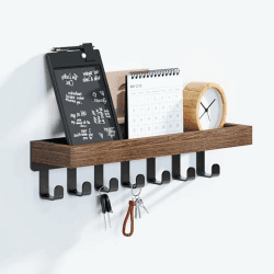 SWTYMIKI Schlüsselbrett mit Holztablett und 7 Haken - Multifunktionales Schlüsselhalter/Schlüsselboard, Schlüsselbrett mit Ablage für Flur, Schlafzimmer & Küche, Hängen Küchenbesteck(31x 8cm) 7 Haken(31×8cm) Braun + Schwarz Angebot bei HelloDeals
