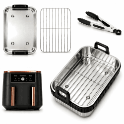 3-tlg. Edelstahl Auflaufform Airfryer Zubehör für Ninja Dual Zone & FlexDrawer AF400EU AF451EU AF500EU DZ400EU – aus Edelstahl 304, mit abnehmbarem Silikonrand, Grillrost & Zange 3-tlg. Edelstahl 304 in Silber Angebot bei HelloDeals