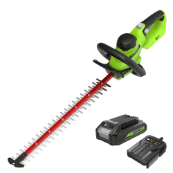Greenworks Akku-Bürstenlose Heckenschere 24V GD24HT61K2, 61cm Dual Action Klinge, schneidet bis zu 25.4mm dicke Zweige und Stämme 3200 spm mit 2Ah Akku-Ladegerät, 3-Jahres-Garantie 2023 inkl. Akku 2Ah Angebot bei HelloDeals