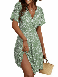 Cicy Bell Damen Sommerkleid Knielang Kurzarm V Ausschnitt Wrap Kleider Blumenmuster Midikleid A-Linie Freizeitkleid Grün M Angebot bei HelloDeals