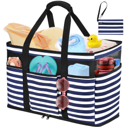 Große Strandtasche mit Reißverschluss Wasserdicht Badetasche Strandtasche XXL Familie Reisetasche Beach Tote Bag Shopper Damen für Strand Pool Fitnessstudio Reisen 45L Blau Gestreift Angebot bei HelloDeals