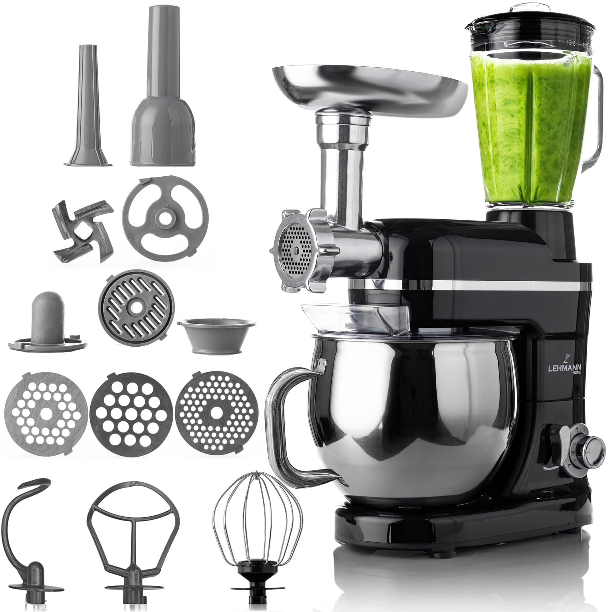 LEHMANN Küchenmaschine 3 in 1 mit Fleischwolf & Glasmixer 1,5L, Knetmaschine mit 5L Edelstahlschüssel, Planetarischem Rührsystem, 6 Stufen + Pulse, Teigmaschine für Brot, Pizza & Kuchenteig Schwarz Angebot bei HelloDeals