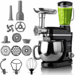 LEHMANN Küchenmaschine 3 in 1 mit Fleischwolf & Glasmixer 1,5L, Knetmaschine mit 5L Edelstahlschüssel, Planetarischem Rührsystem, 6 Stufen + Pulse, Teigmaschine für Brot, Pizza & Kuchenteig Schwarz Angebot bei HelloDeals
