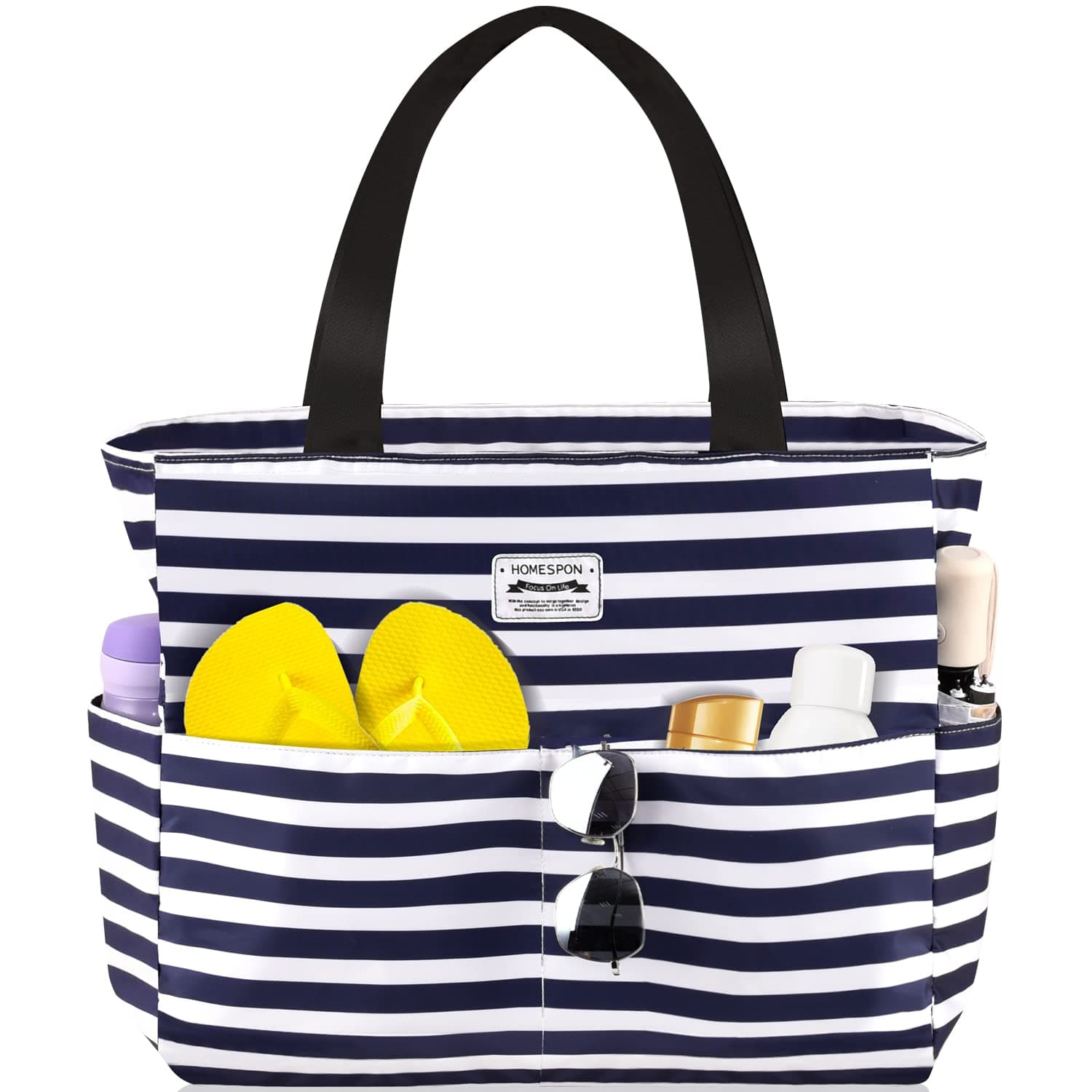 HOMESPON Große Strandtasche Damen mit Reißverschluss Wasserdicht Badetasche XXL Familie Beach Tote Bag Blau Gestreift Angebot bei HelloDeals