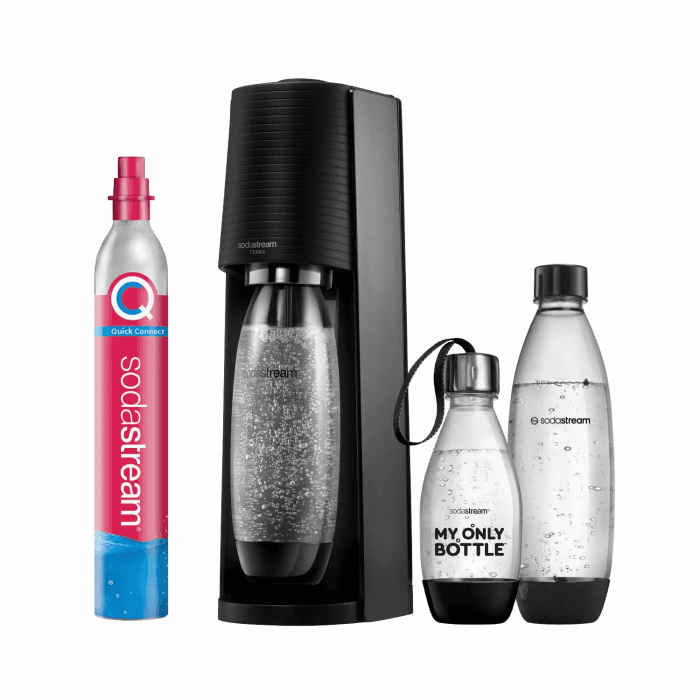 SodaStream Wassersprudler TERRA Vorteilspack mit CO2-Zylinder | inkl. 2x 1L spülmaschinenfeste Kunststoffflasche und 1x 0,5L spülmaschinenfeste Kunststoff-Flasche, Höhe 44cm, Schwarz Angebot bei HelloDeals