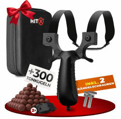 HITX® Zwille Steinschleuder Bundle Set | Super Grip Oberfläche | Slingshot Schleuder mit Gummiband | Einfache Clip-Anbindung | Sportgerät im Bundle Set mit Ersatzgummi + 300 Tonkugeln Schwarz Angebot bei HelloDeals