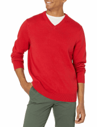 Amazon Essentials Herren V-Ausschnitt Pullover aus Baumwolle, Normale Passform XL Rot Angebot bei HelloDeals