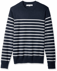 Amazon Essentials Herren Langärmliger Pullover Mit Rundhalsausschnitt, 100% Baumwolle, Erhältlich In Groß Und Schwer XXL Dunkles Marineblau Weiß Streifen Angebot bei HelloDeals