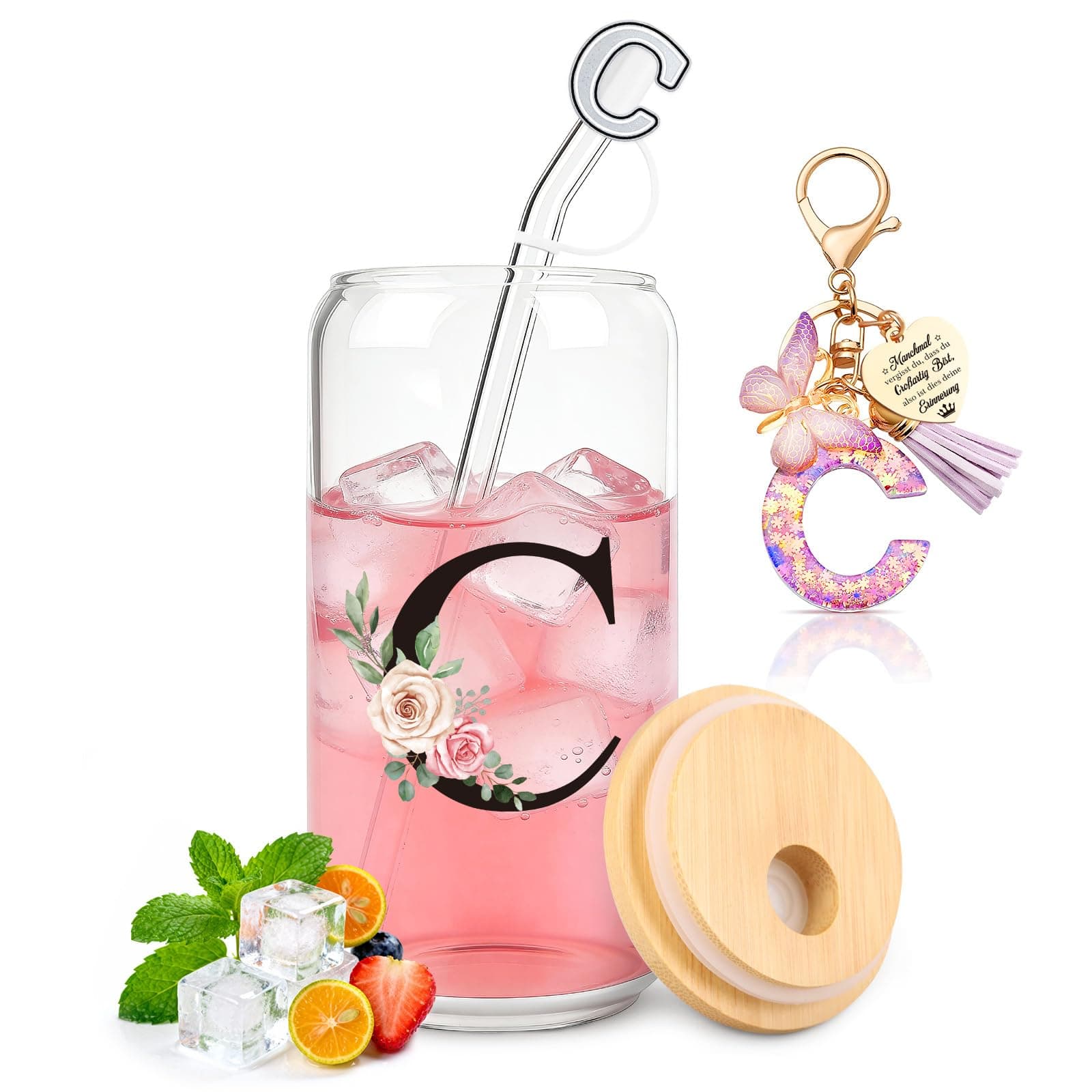 TUZELIYA C Personalisierte Geschenke mit Buchstaben – Glasbecher mit Deckel & Strohhalm + Schlüsselanhänger Buchstabe, Geschenk für Frauen & Mädchen, Geburtstag, Valentinstag & Weihnachten Angebot bei HelloDeals