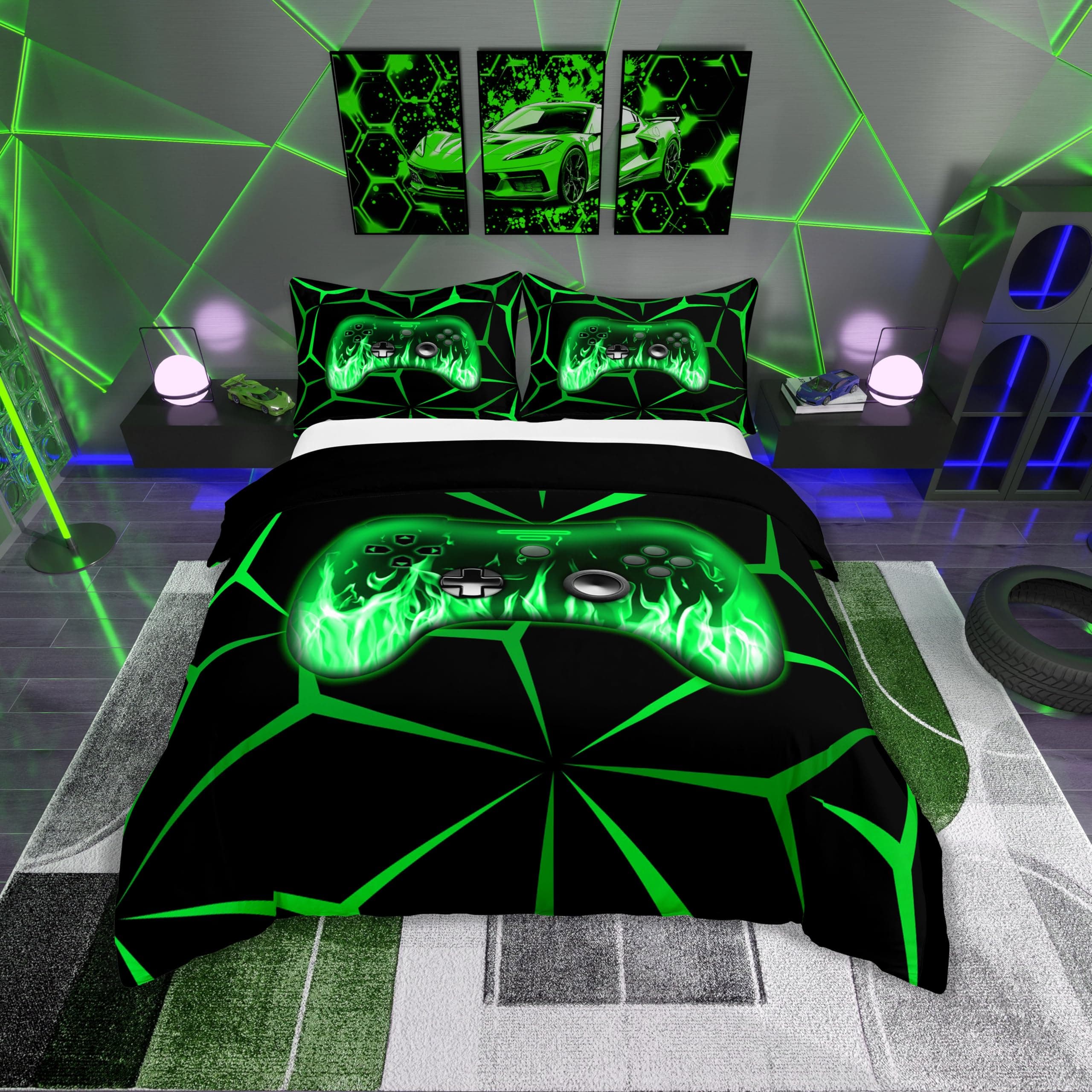 Loussiesd Kinder Gamer Bettwäsche Set 135x200cm 3D Video Gaming Betten für Teens Jungen Grün und Schwarz Spielkonsole Bettbezug Geometrische Spiel Controller Bettwäsche-Set Schwarz und Grün 135x200+80x80x1 Angebot bei HelloDeals