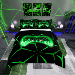 Loussiesd Kinder Gamer Bettwäsche Set 135x200cm 3D Video Gaming Betten für Teens Jungen Grün und Schwarz Spielkonsole Bettbezug Geometrische Spiel Controller Bettwäsche-Set Schwarz und Grün 135x200+80x80x1 Angebot bei HelloDeals