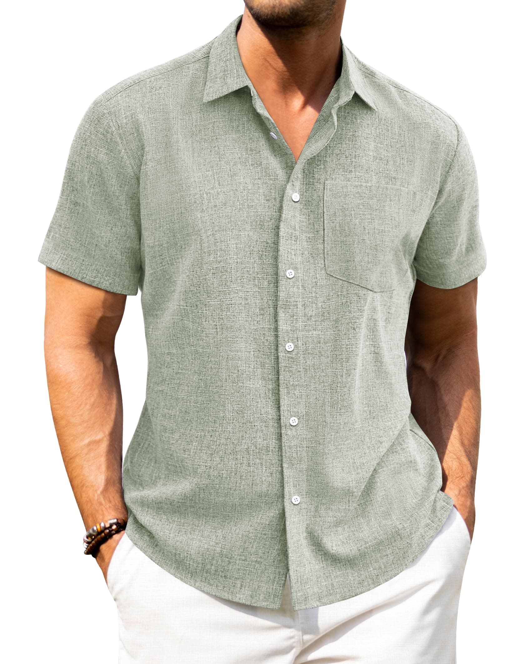 J.VER Leinenhemd Herren Kruzarm Freizeithemd Regular Fit Leicht und Luftig Sommerhemd Leinen Shirt mit Tasche Alle Hellgrün L Angebot bei HelloDeals