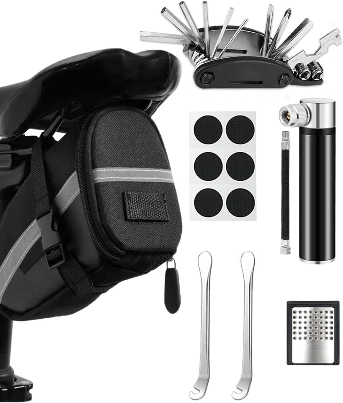 Fahrrad Reparaturset mit Satteltasche, 16-in-1 Fahrrad Multitool + 120 PSI Mini-Luftpumpe, Fahrrad Werkzeugset unterwegs, Notfallwerkzeug Flickzeug | Werkzeug Set für Fahrrad, MTB Angebot bei HelloDeals